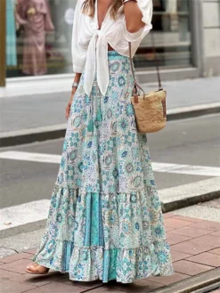Women Flowy Boho Skirt Printed Ruffled