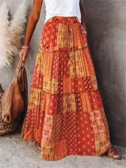 Women Bohemian Print Long Skirts Elastic