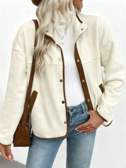 Women Jackets Long Sleeve Contrast Color Button